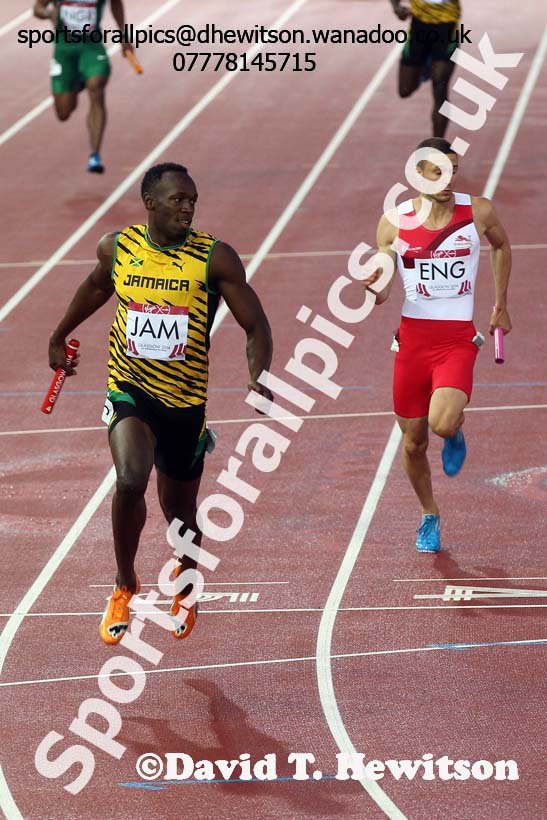 Usain Bold takes Jamaica to victory in the 4 x 100 metres at the Commonwealth Games, Glasgow. Photo: David T. Hewitson/Sports for All Pics